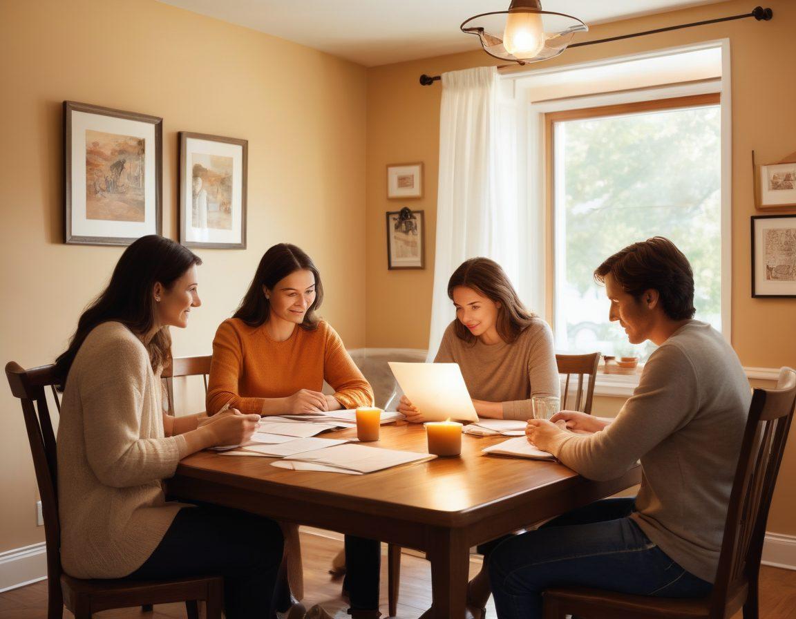 A serene family scene depicting a loving family discussing insurance options at a cozy dining table, surrounded by paperwork and a laptop. A soft light illuminates their faces, expressing trust and warmth. In the background, framed family photos symbolize care and protection. The atmosphere is inviting and supportive, emphasizing the importance of making informed decisions for loved ones. super-realistic. warm colors. soft focus.