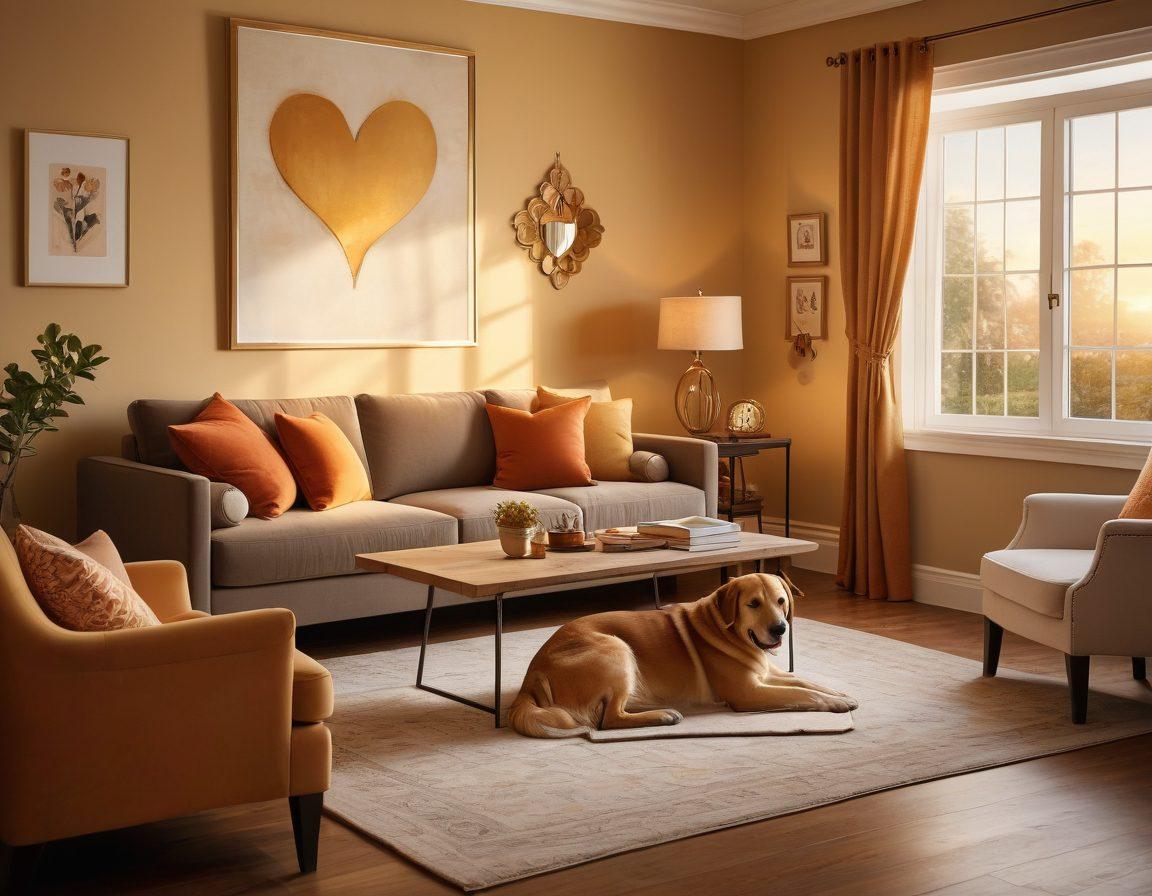 A warm and inviting scene depicting a family gathered together in a cozy living room, surrounded by symbols of love and protection, such as a shield made of hearts and a glowing home. Include elements like a caring pet, insurance papers, and a soft sunset light filtering through the window, creating a reassuring atmosphere. The composition should convey safety, security, and warmth. super-realistic. warm colors. soft focus.