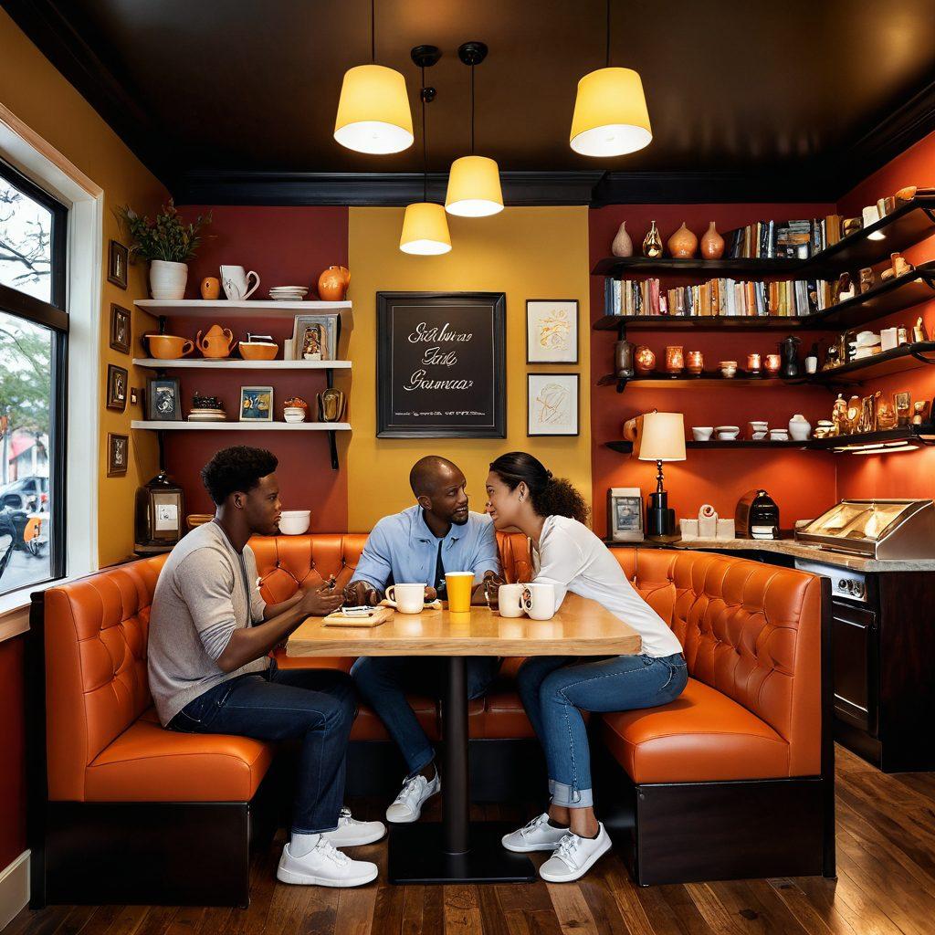 A heartwarming scene depicting a diverse couple discussing insurance solutions at a cozy coffee shop, with vibrant illustrations of various insurance symbols (like home, health, and auto) floating above them. Include a warm color palette to evoke a sense of safety and passion in relationships. The setting should feel inviting and personal. super-realistic. vibrant colors. cozy atmosphere.
